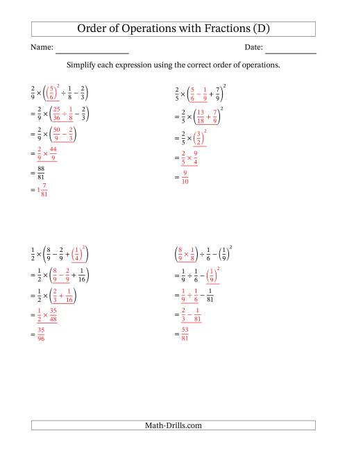 order of operations with positive fractions four steps d