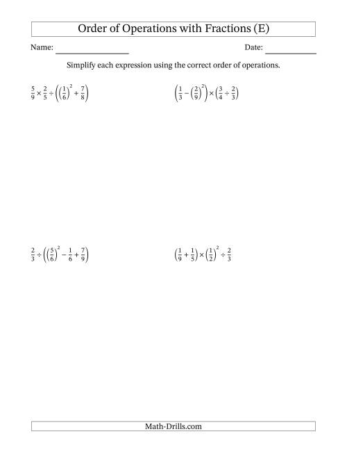 The Order of Operations with Positive Fractions (Four Steps) (E) Math Worksheet
