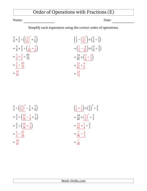 The Order of Operations with Positive Fractions (Four Steps) (E) Math Worksheet Page 2