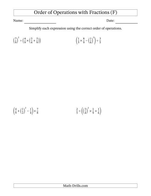The Order of Operations with Positive Fractions (Four Steps) (F) Math Worksheet