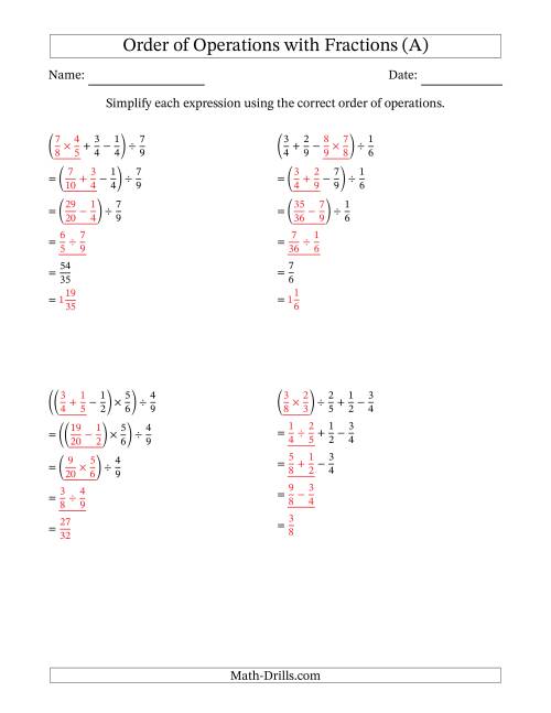 Order of Operations with Positive Fractions and No Exponents (Four ...