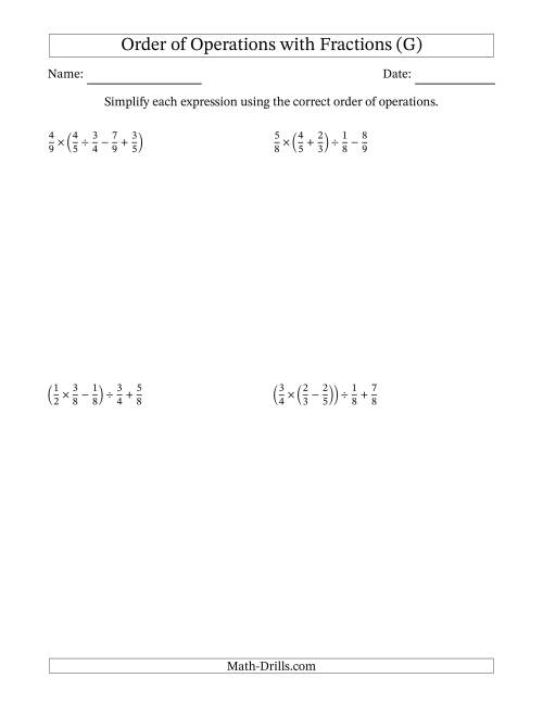 The Order of Operations with Positive Fractions and No Exponents (Four Steps) (G) Math Worksheet