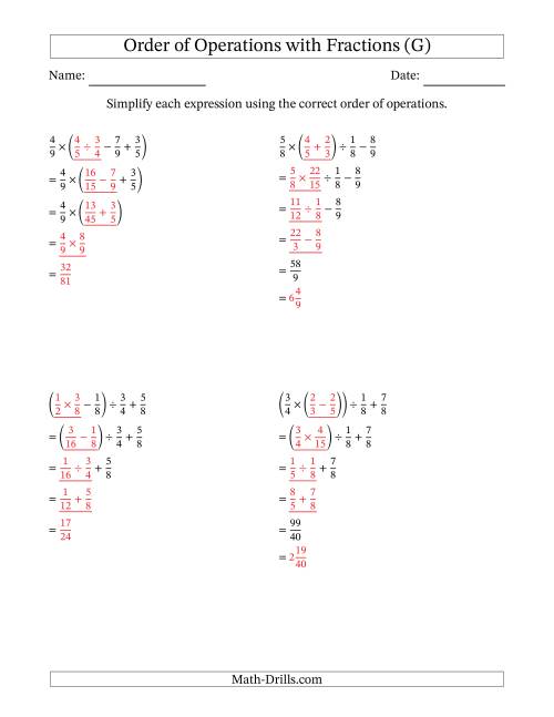 The Order of Operations with Positive Fractions and No Exponents (Four Steps) (G) Math Worksheet Page 2