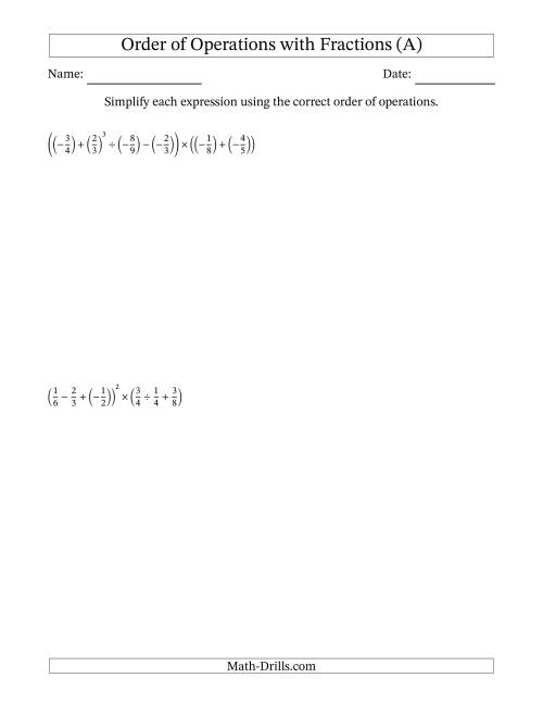 The Order of Operations with Negative and Positive Fractions (Six Steps) (A) Math Worksheet