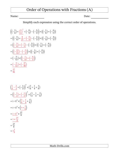 The Order of Operations with Negative and Positive Fractions (Six Steps) (A) Math Worksheet Page 2