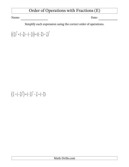The Order of Operations with Negative and Positive Fractions (Six Steps) (E) Math Worksheet
