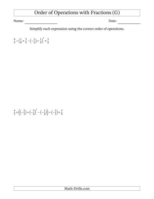 The Order of Operations with Negative and Positive Fractions (Six Steps) (G) Math Worksheet