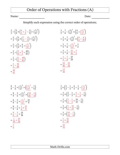 The Order of Operations with Positive Fractions (Six Steps) (A) Math Worksheet Page 2