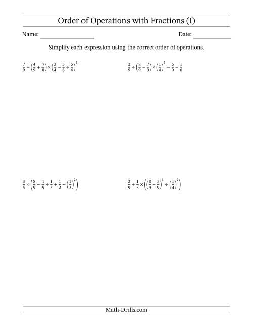 The Order of Operations with Positive Fractions (Six Steps) (I) Math Worksheet