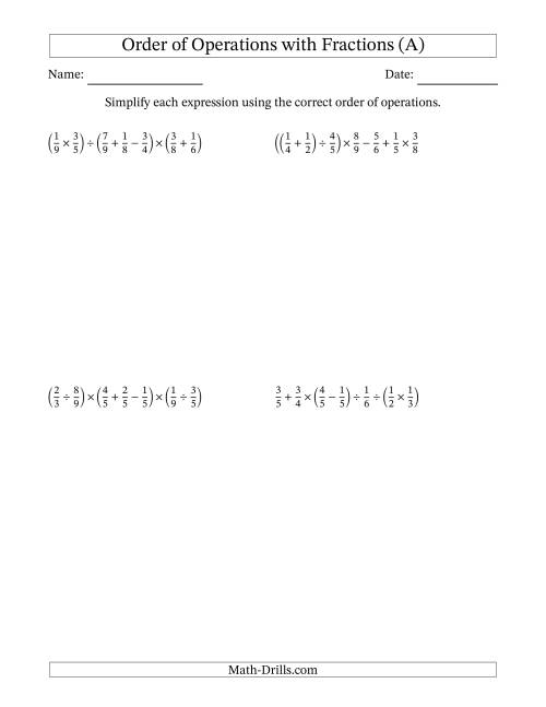 The Order of Operations with Positive Fractions and No Exponents (Six Steps) (A) Math Worksheet