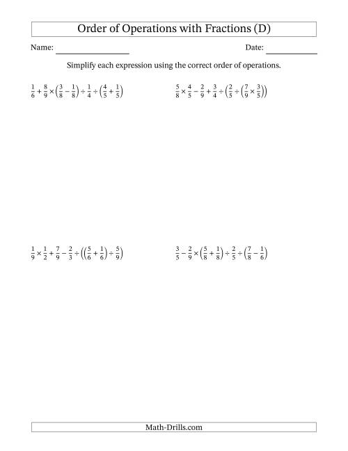 The Order of Operations with Positive Fractions and No Exponents (Six Steps) (D) Math Worksheet