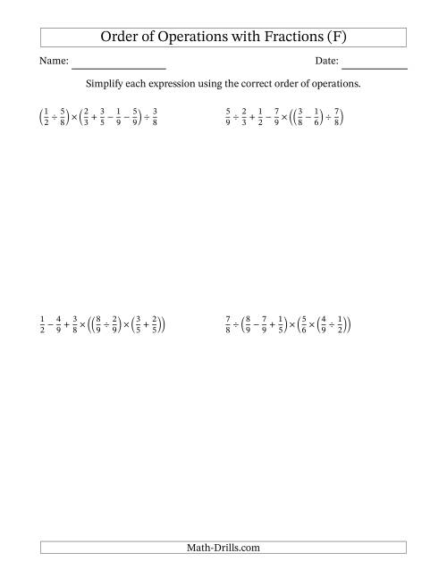 The Order of Operations with Positive Fractions and No Exponents (Six Steps) (F) Math Worksheet