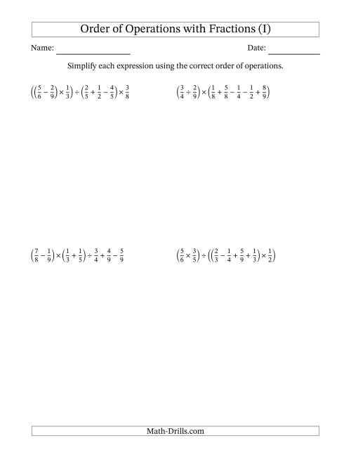 The Order of Operations with Positive Fractions and No Exponents (Six Steps) (I) Math Worksheet
