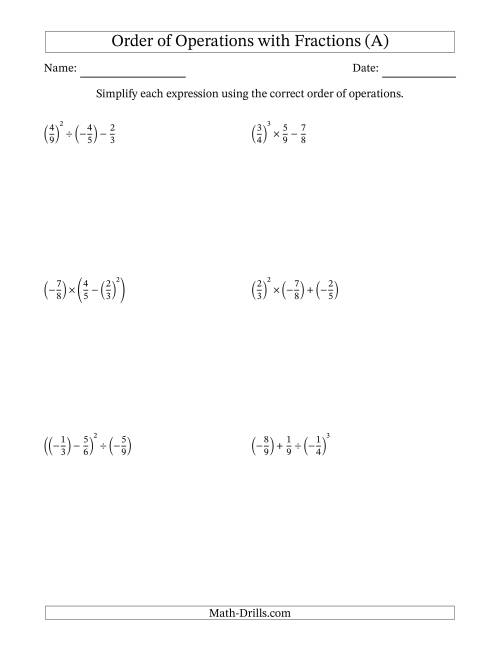 The Order of Operations with Negative and Positive Fractions (Three Steps) (A) Math Worksheet