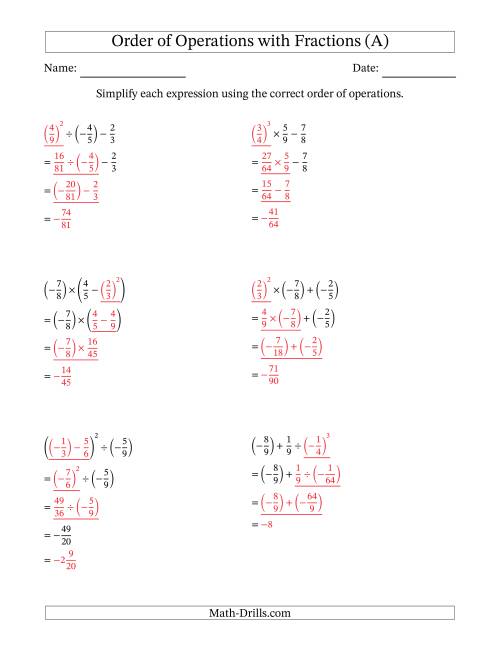 The Order of Operations with Negative and Positive Fractions (Three Steps) (A) Math Worksheet Page 2
