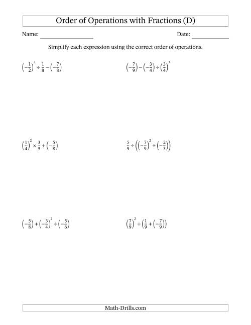 The Order of Operations with Negative and Positive Fractions (Three Steps) (D) Math Worksheet