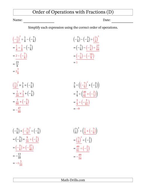 Order of Operations with Negative and Positive Fractions (Three Steps) (D)