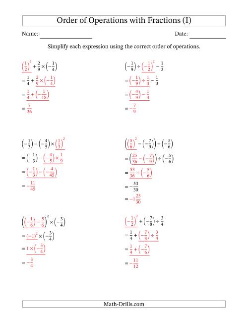 Order of Operations with Negative and Positive Fractions (Three Steps) (I)