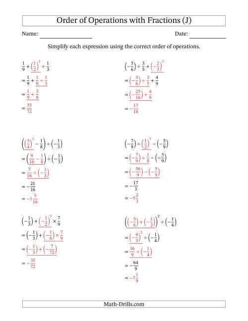 The Order of Operations with Negative and Positive Fractions (Three Steps) (J) Math Worksheet Page 2