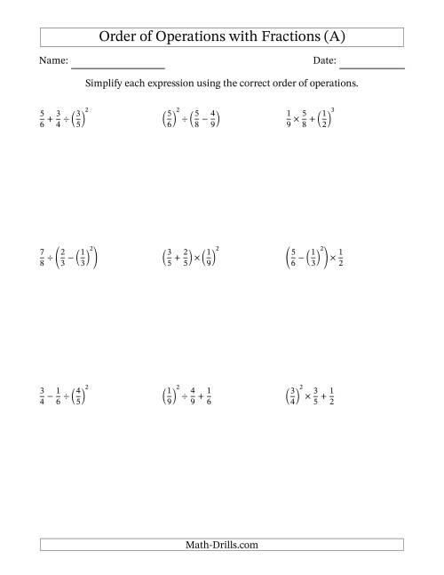 The Order of Operations with Positive Fractions (Three Steps) (A) Math Worksheet