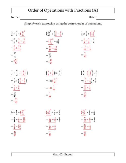 The Order of Operations with Positive Fractions (Three Steps) (A) Math Worksheet Page 2