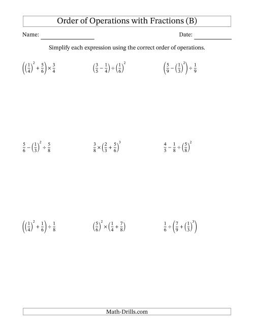 The Order of Operations with Positive Fractions (Three Steps) (B) Math Worksheet