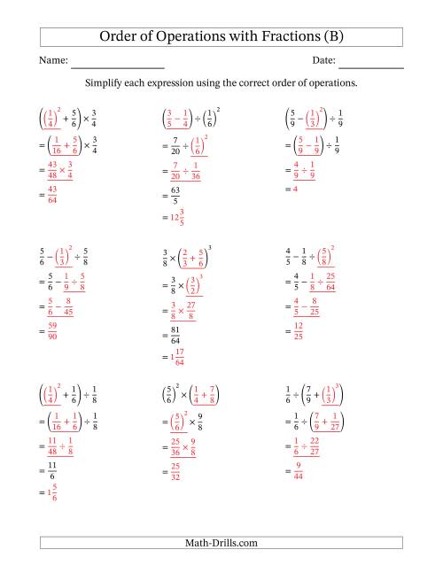 The Order of Operations with Positive Fractions (Three Steps) (B) Math Worksheet Page 2