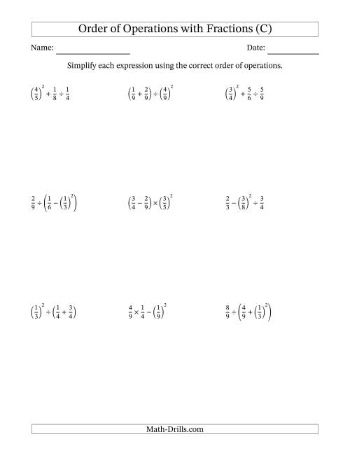 The Order of Operations with Positive Fractions (Three Steps) (C) Math Worksheet