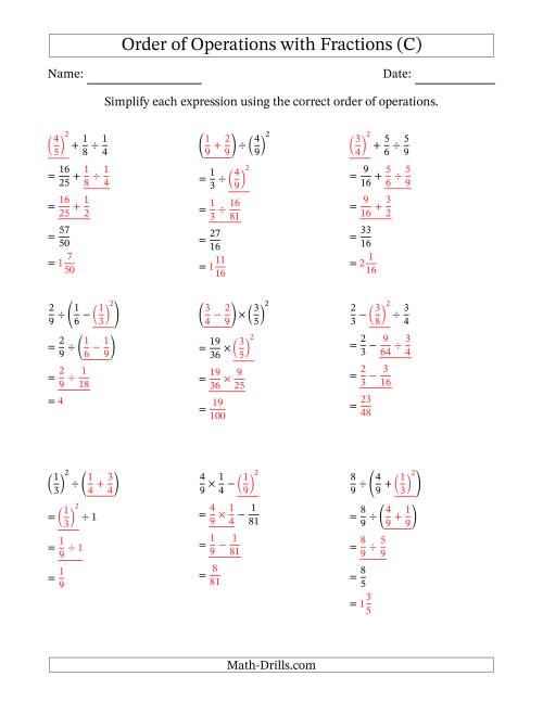 The Order of Operations with Positive Fractions (Three Steps) (C) Math Worksheet Page 2