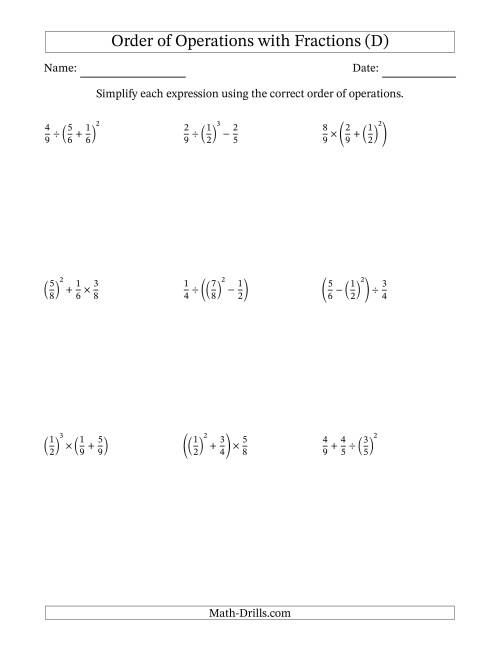 The Order of Operations with Positive Fractions (Three Steps) (D) Math Worksheet