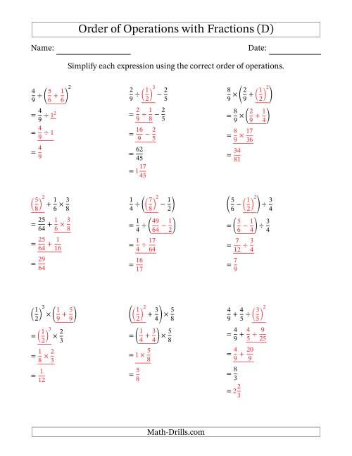 The Order of Operations with Positive Fractions (Three Steps) (D) Math Worksheet Page 2