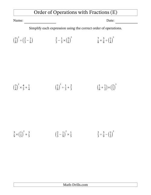 The Order of Operations with Positive Fractions (Three Steps) (E) Math Worksheet