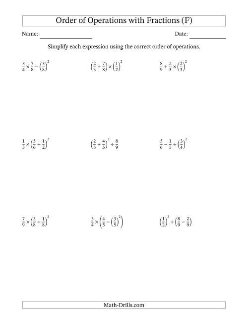 The Order of Operations with Positive Fractions (Three Steps) (F) Math Worksheet