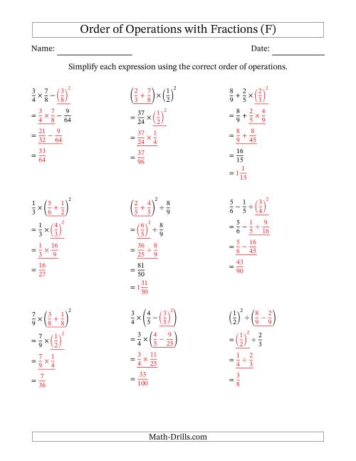 The Order of Operations with Positive Fractions (Three Steps) (F) Math Worksheet Page 2