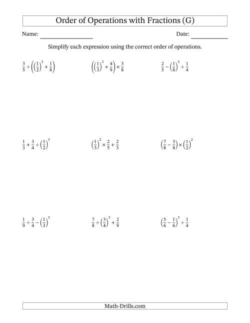 The Order of Operations with Positive Fractions (Three Steps) (G) Math Worksheet