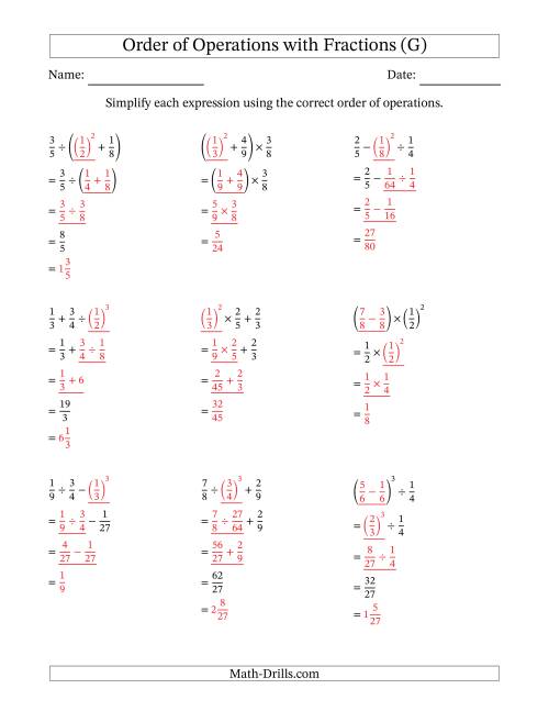 The Order of Operations with Positive Fractions (Three Steps) (G) Math Worksheet Page 2