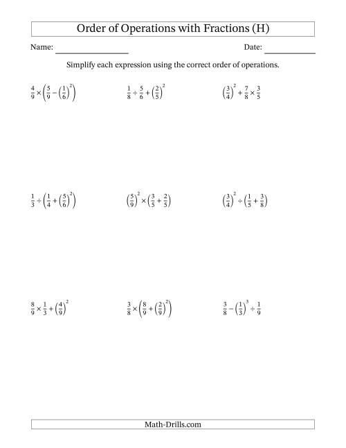 The Order of Operations with Positive Fractions (Three Steps) (H) Math Worksheet