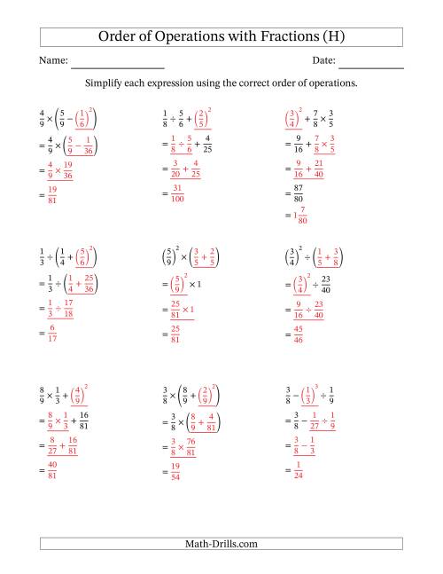 The Order of Operations with Positive Fractions (Three Steps) (H) Math Worksheet Page 2