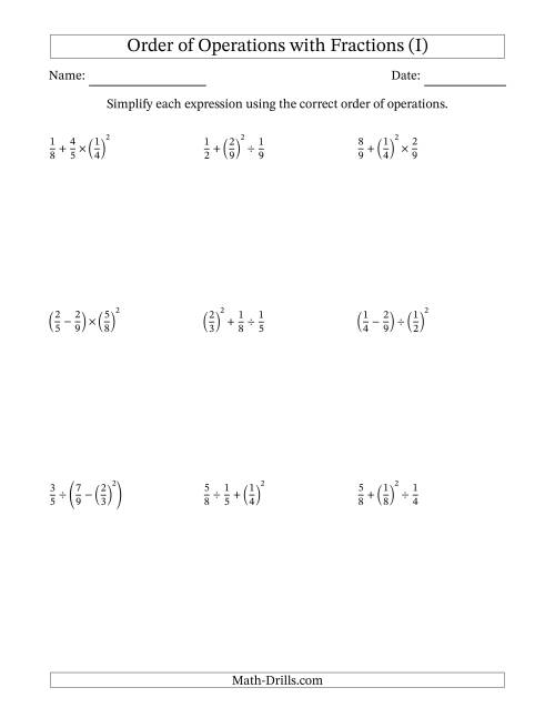 The Order of Operations with Positive Fractions (Three Steps) (I) Math Worksheet