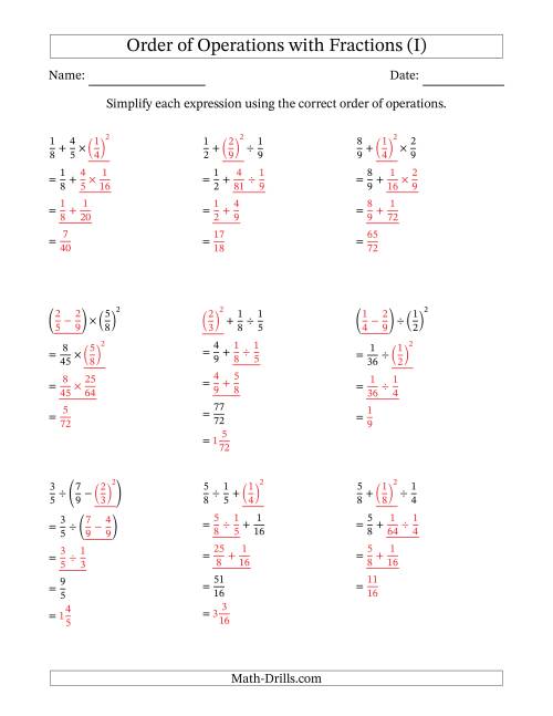 The Order of Operations with Positive Fractions (Three Steps) (I) Math Worksheet Page 2