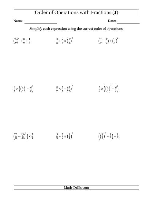 The Order of Operations with Positive Fractions (Three Steps) (J) Math Worksheet