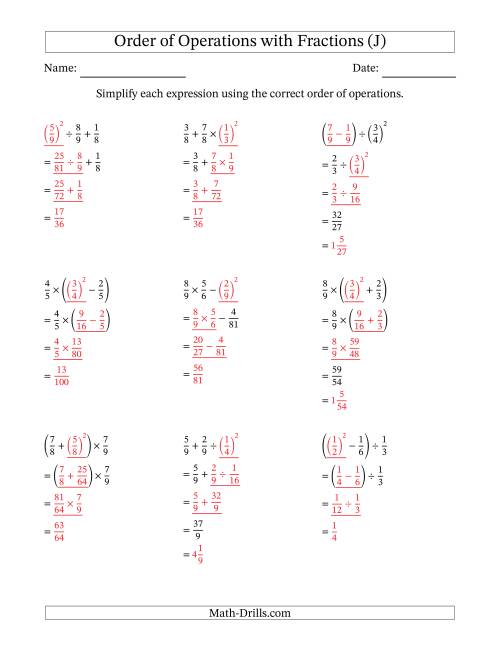 The Order of Operations with Positive Fractions (Three Steps) (J) Math Worksheet Page 2