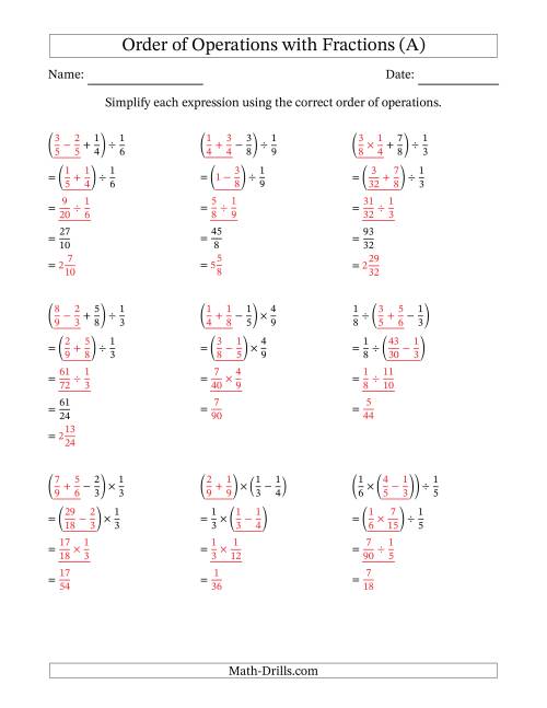 The Order of Operations with Positive Fractions and No Exponents (Three Steps) (A) Math Worksheet Page 2