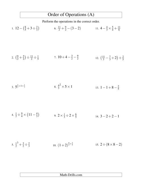 The Fractions Order of Operations -- Three Steps (Old) Math Worksheet
