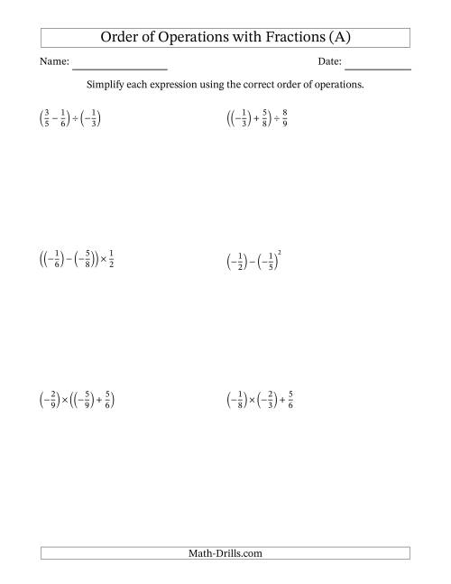 The Order of Operations with Negative and Positive Fractions (Two Steps) (A) Math Worksheet