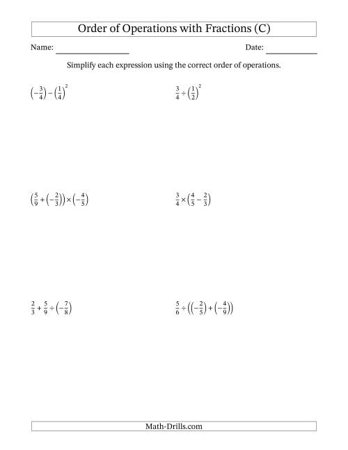 The Order of Operations with Negative and Positive Fractions (Two Steps) (C) Math Worksheet