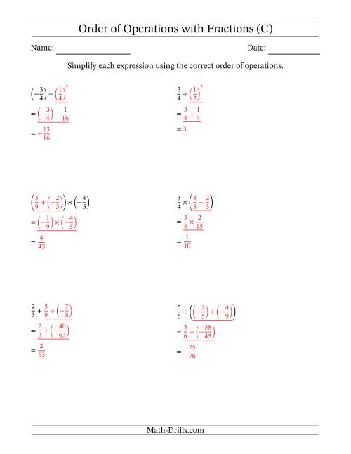 The Order of Operations with Negative and Positive Fractions (Two Steps) (C) Math Worksheet Page 2