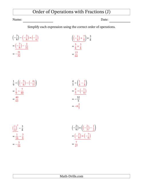 Order of Operations with Negative and Positive Fractions (Two Steps) (J)