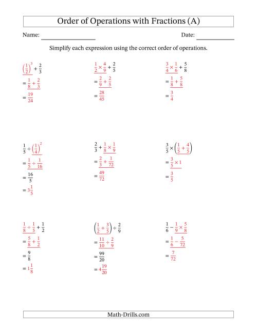 Order of Operations with Positive Fractions (Two Steps) (A)