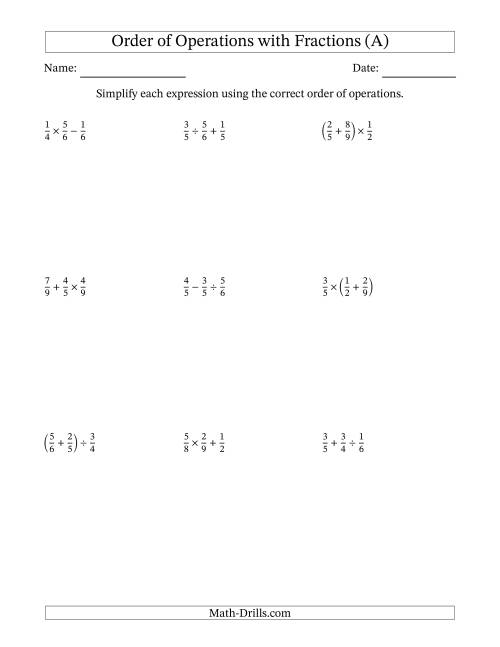 The Order of Operations with Positive Fractions and No Exponents (Two Steps) (A) Math Worksheet